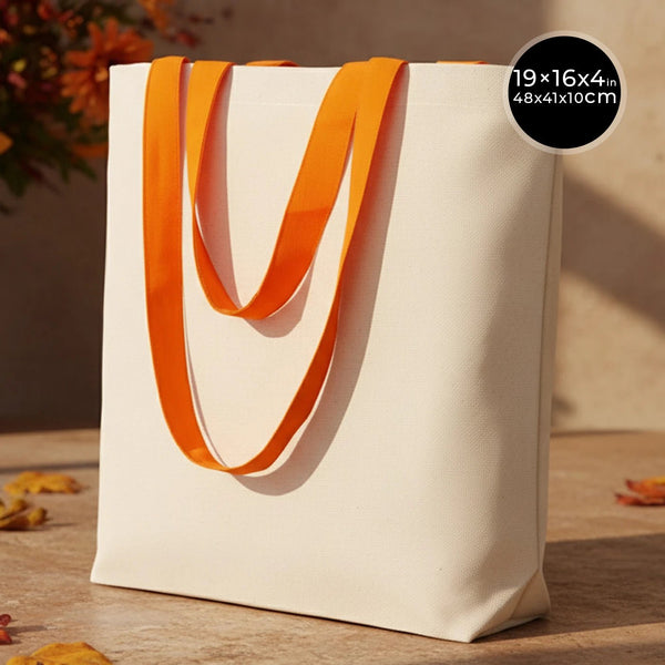 Canvas Beach Tote Bag with Orange Handles – 19" × 16" × 4" (48 × 41 × 10 cm) – 10 oz Cotton - Pamusan.com