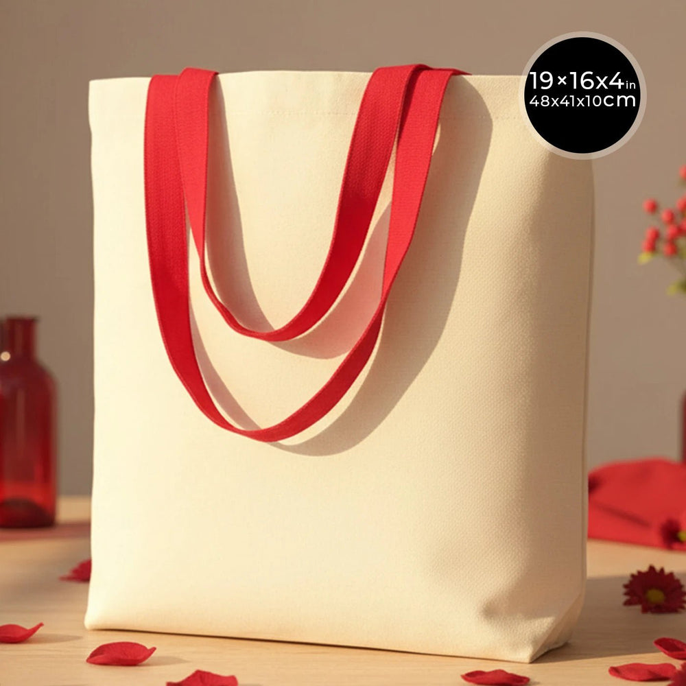 Canvas Beach Tote Bag with Red Handles – 19" × 16" × 4" (48 × 41 × 10 cm) – 10 oz Cotton - Pamusan.com