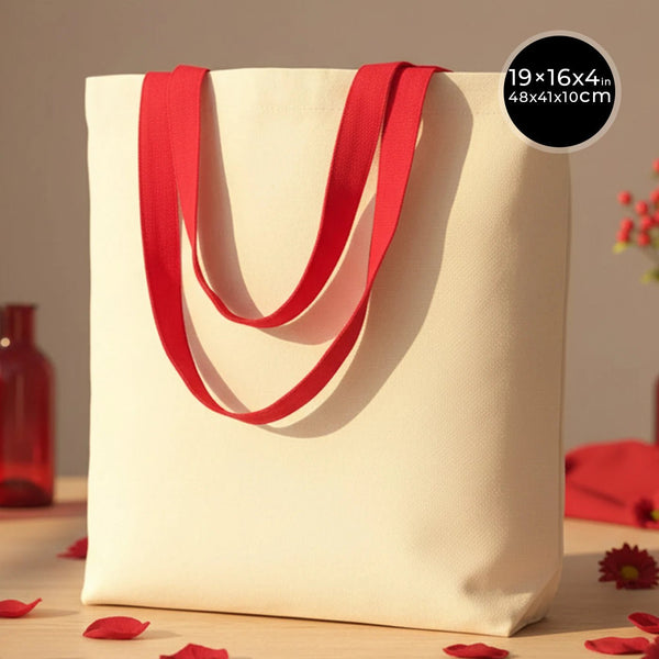 Canvas Beach Tote Bag with Red Handles – 19" × 16" × 4" (48 × 41 × 10 cm) – 10 oz Cotton - Pamusan.com