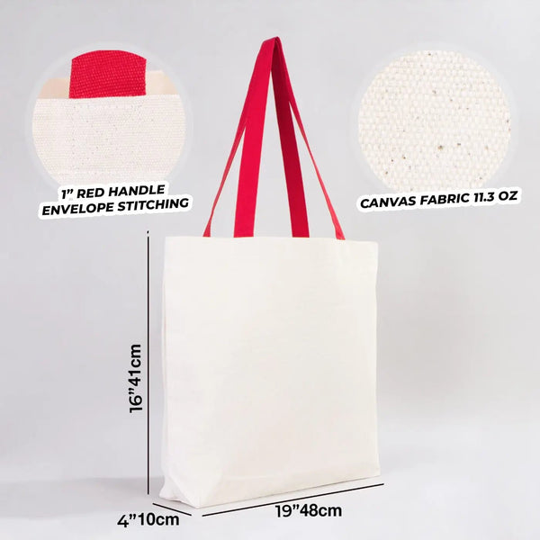 Canvas Beach Tote Bag with Red Handles – 19" × 16" × 4" (48 × 41 × 10 cm) – 10 oz Cotton - Pamusan.com