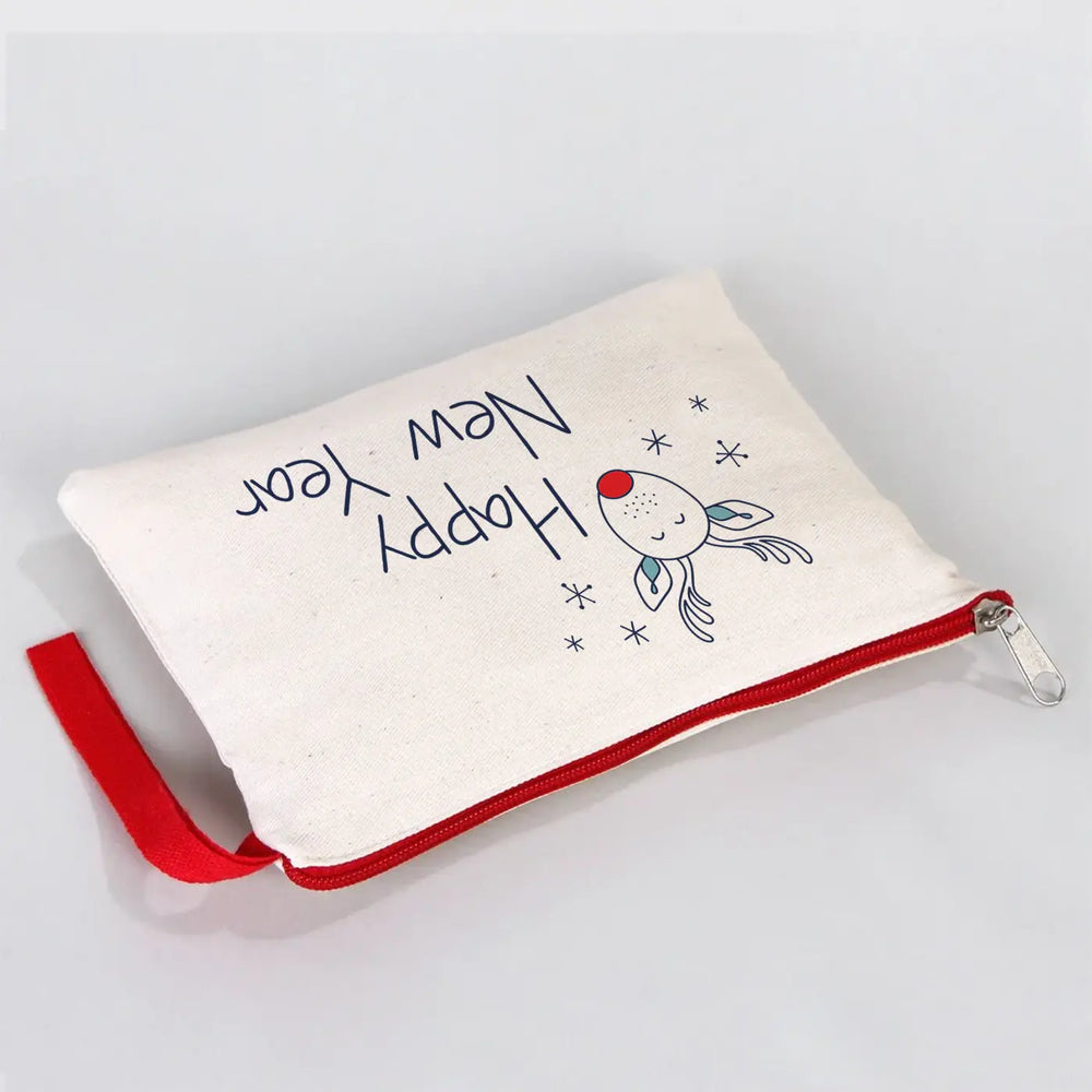 Happy New Year Clutch Bag  – Festive Holiday Designs with Red Zipper Handle