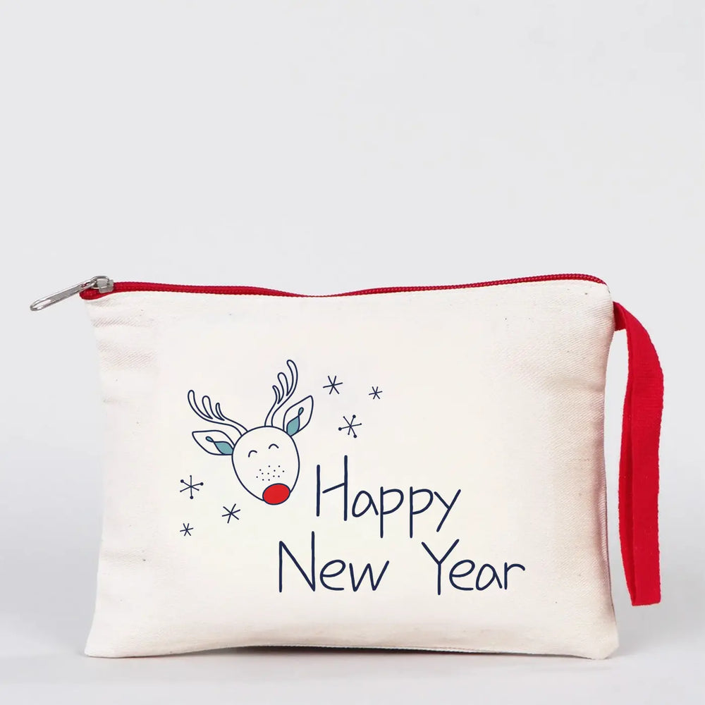 Happy New Year Clutch Bag  – Festive Holiday Designs with Red Zipper Handle