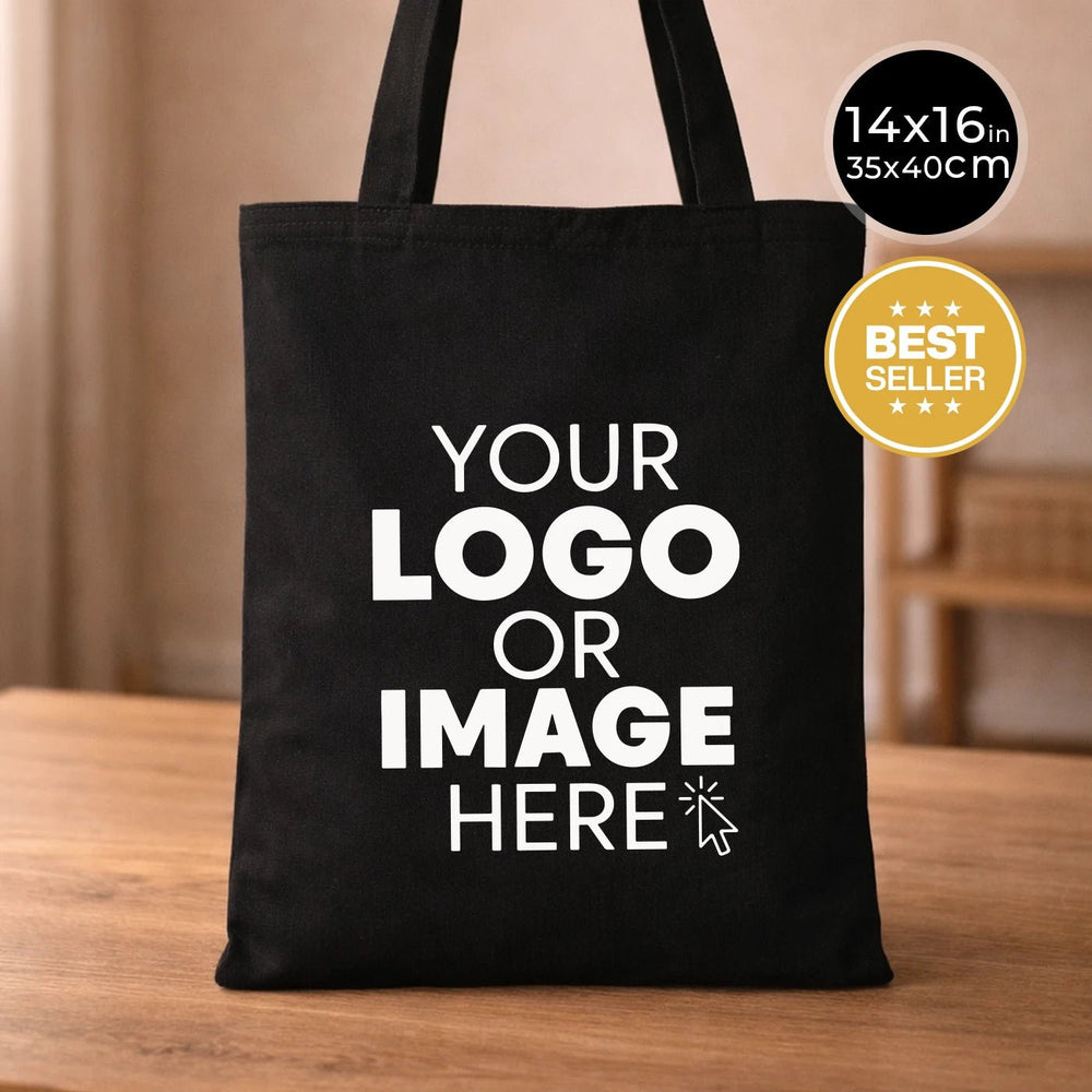 Canvas Custom Tote Bags Black 14"x16" – Personalized Logo Print - Pamusan.com