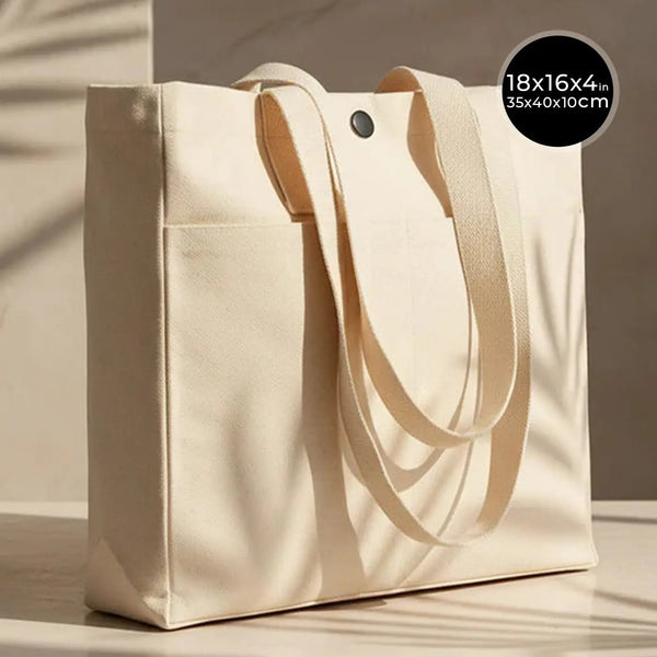 Canvas LUX Tote Bag – Snap Button, Front Pockets – 18" × 16" × 4" (35 × 40 × 10 cm), 10 oz Cotton - Pamusan.com
