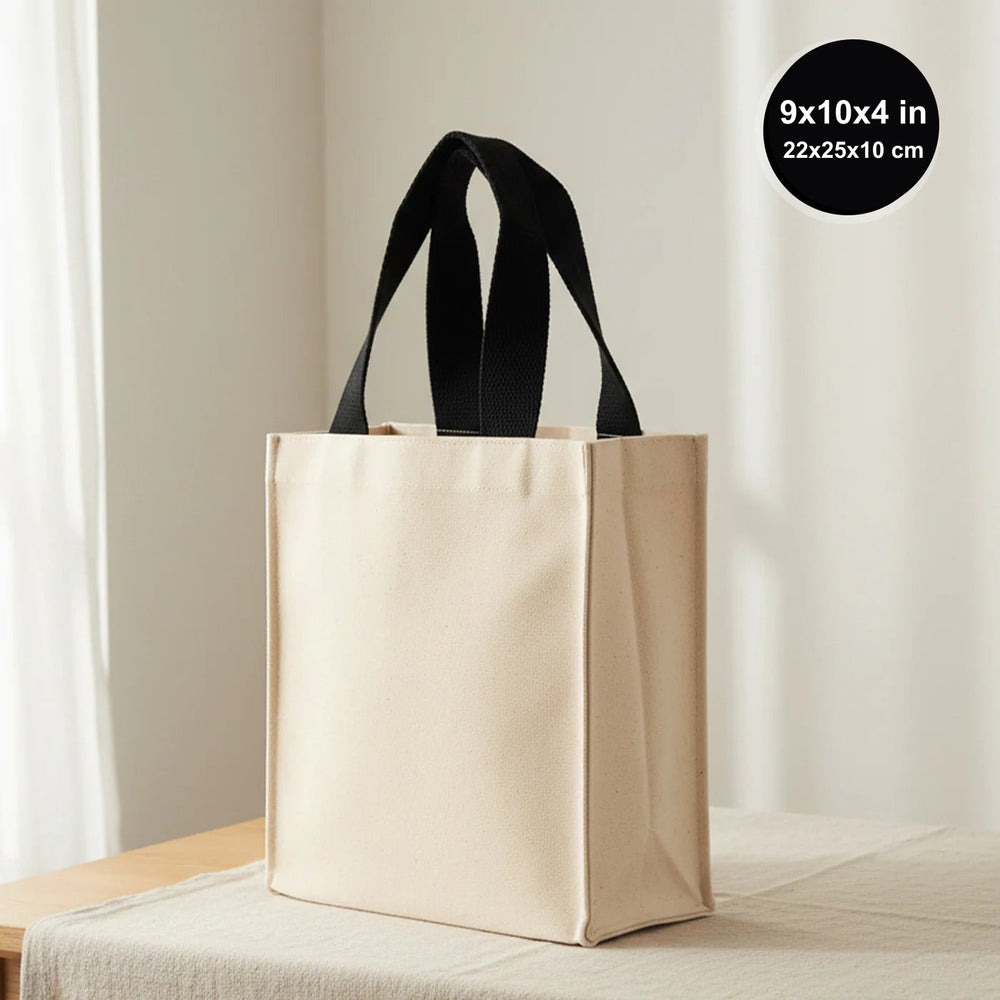 Blank cotton canvas tote bag with black handles, 9x10x4 in (22x25x10 cm)