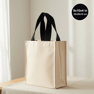 Blank cotton canvas tote bag with black handles, 9x10x4 in (22x25x10 cm)