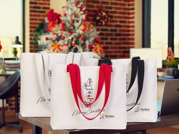 Christmas Canvas Tote Bag 18"W x 14"H x 3"L – Santa & Holiday Crew Design - Pamusan.com