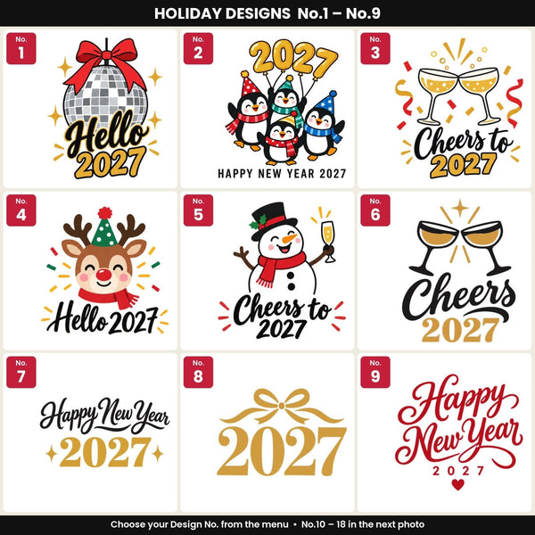 Christmas Canvas Tote Bags Bulk – 18" × 14" × 3" (45 × 35 × 8 cm) with Beige, Red or Black Knitted Handles, 18 Happy New Year 2027 Designs - Pamusan.com