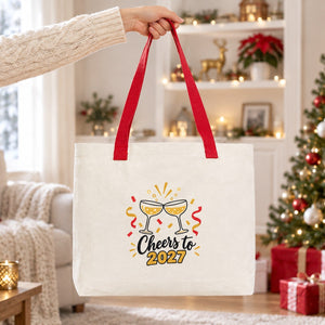Christmas Canvas Tote Bags Bulk – 18" × 14" × 3" (45 × 35 × 8 cm) with Beige, Red or Black Knitted Handles, 18 Happy New Year 2027 Designs - Pamusan.com