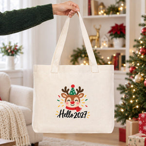 Christmas Canvas Tote Bags Bulk – 18" × 14" × 3" (45 × 35 × 8 cm) with Beige, Red or Black Knitted Handles, 18 Happy New Year 2027 Designs - Pamusan.com