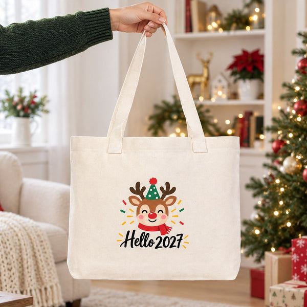 Christmas Canvas Tote Bags Bulk – 18" × 14" × 3" (45 × 35 × 8 cm) with Beige, Red or Black Knitted Handles, 18 Happy New Year 2027 Designs - Pamusan.com