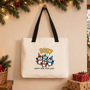 Christmas Canvas Tote Bags Bulk – 18" × 14" × 3" (45 × 35 × 8 cm) with Beige, Red or Black Knitted Handles, 18 Happy New Year 2027 Designs - Pamusan.com