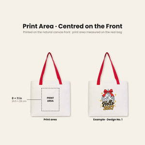 Christmas Canvas Tote Bags Bulk – 18" × 14" × 3" (45 × 35 × 8 cm) with Beige, Red or Black Knitted Handles, 18 Happy New Year 2027 Designs - Pamusan.com