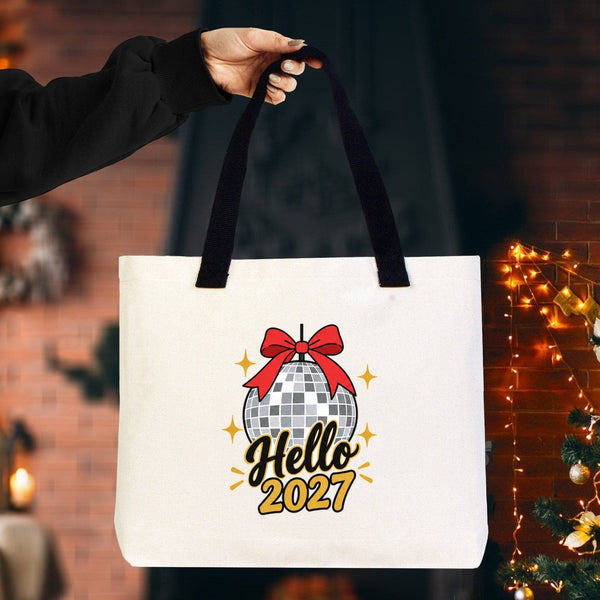 Christmas Canvas Tote Bags Bulk – 18" × 14" × 3" (45 × 35 × 8 cm) with Beige, Red or Black Knitted Handles, 18 Happy New Year 2027 Designs - Pamusan.com