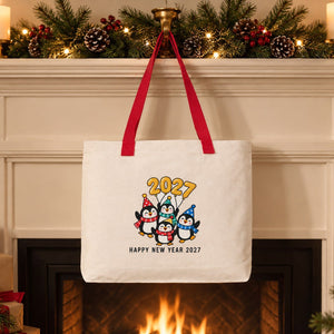 Christmas Canvas Tote Bags Bulk – 18" × 14" × 3" (45 × 35 × 8 cm) with Beige, Red or Black Knitted Handles, 18 Happy New Year 2027 Designs - Pamusan.com