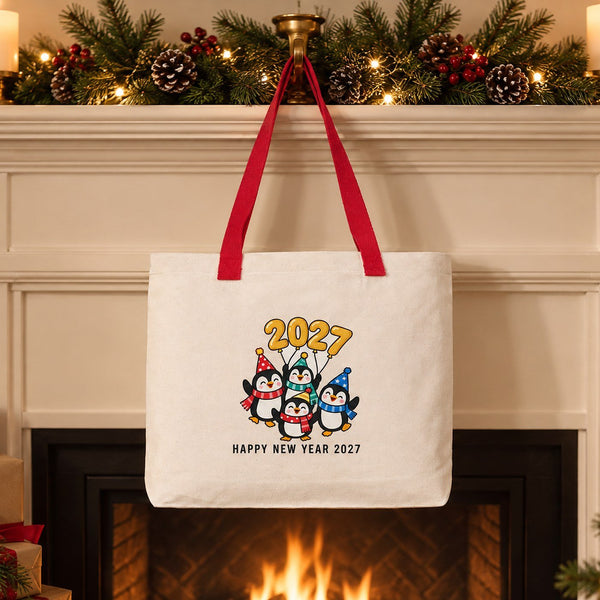 Christmas Canvas Tote Bags Bulk – 18" × 14" × 3" (45 × 35 × 8 cm) with Beige, Red or Black Knitted Handles, 18 Happy New Year 2027 Designs - Pamusan.com