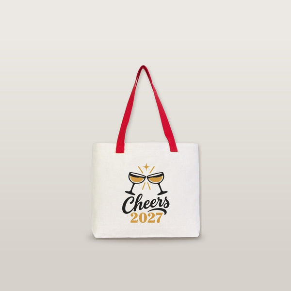Christmas Canvas Tote Bags Bulk – 18" × 14" × 3" (45 × 35 × 8 cm) with Beige, Red or Black Knitted Handles, 18 Happy New Year 2027 Designs - Pamusan.com
