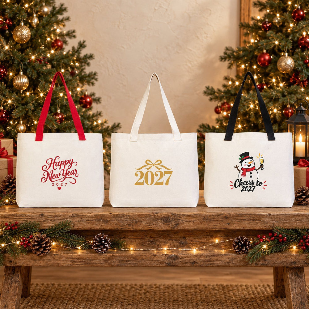 Christmas Canvas Tote Bags Bulk – 18" × 14" × 3" (45 × 35 × 8 cm) with Beige, Red or Black Knitted Handles, 18 Happy New Year 2027 Designs - Pamusan.com