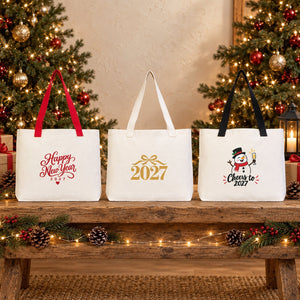Christmas Canvas Tote Bags Bulk – 18" × 14" × 3" (45 × 35 × 8 cm) with Beige, Red or Black Knitted Handles, 18 Happy New Year 2027 Designs - Pamusan.com