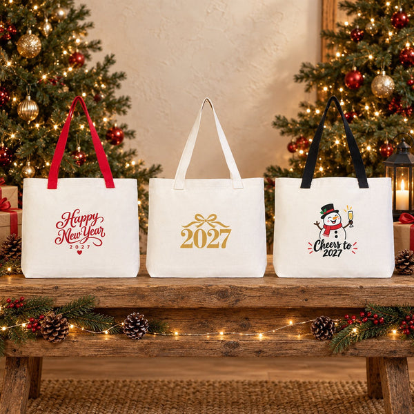 Christmas Canvas Tote Bags Bulk – 18" × 14" × 3" (45 × 35 × 8 cm) with Beige, Red or Black Knitted Handles, 18 Happy New Year 2027 Designs - Pamusan.com