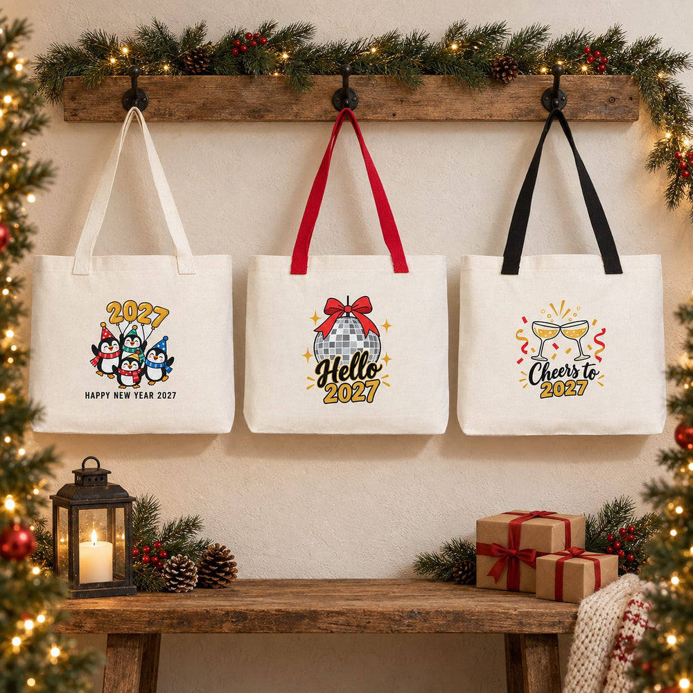 Christmas Canvas Tote Bags Bulk – 18" × 14" × 3" (45 × 35 × 8 cm) with Beige, Red or Black Knitted Handles, 18 Happy New Year 2027 Designs - Pamusan.com