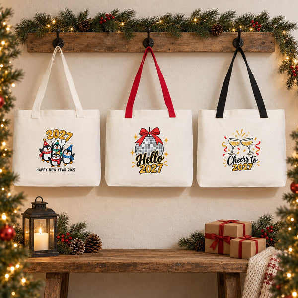 Christmas Canvas Tote Bags Bulk – 18" × 14" × 3" (45 × 35 × 8 cm) with Beige, Red or Black Knitted Handles, 18 Happy New Year 2027 Designs - Pamusan.com