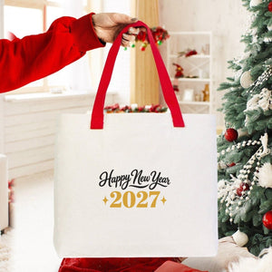 Christmas Canvas Tote Bags Bulk – 18" × 14" × 3" (45 × 35 × 8 cm) with Beige, Red or Black Knitted Handles, 18 Happy New Year 2027 Designs - Pamusan.com