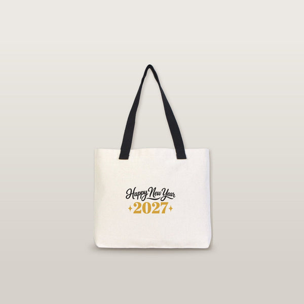 Christmas Canvas Tote Bags Bulk – 18" × 14" × 3" (45 × 35 × 8 cm) with Beige, Red or Black Knitted Handles, 18 Happy New Year 2027 Designs - Pamusan.com