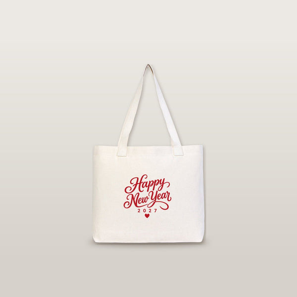 Christmas Canvas Tote Bags Bulk – 18" × 14" × 3" (45 × 35 × 8 cm) with Beige, Red or Black Knitted Handles, 18 Happy New Year 2027 Designs - Pamusan.com