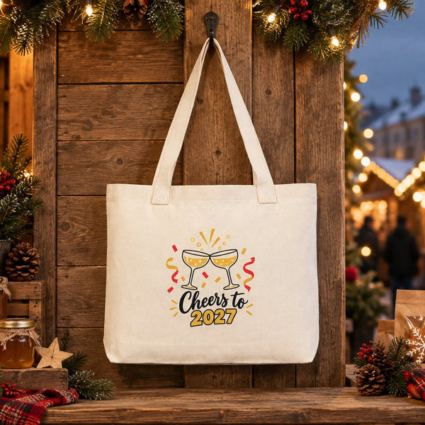 Christmas Canvas Tote Bags Bulk – 18" × 14" × 3" (45 × 35 × 8 cm) with Beige, Red or Black Knitted Handles, 18 Happy New Year 2027 Designs - Pamusan.com