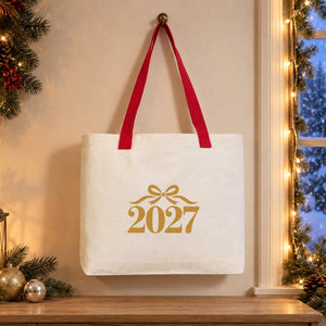 Christmas Canvas Tote Bags Bulk – 18" × 14" × 3" (45 × 35 × 8 cm) with Beige, Red or Black Knitted Handles, 18 Happy New Year 2027 Designs - Pamusan.com