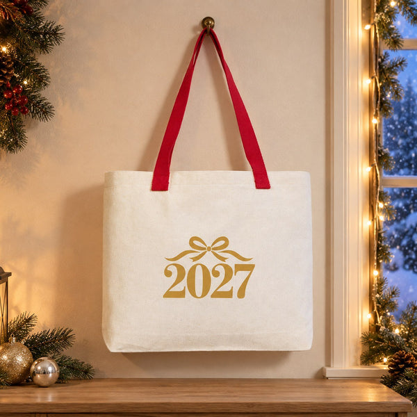 Christmas Canvas Tote Bags Bulk – 18" × 14" × 3" (45 × 35 × 8 cm) with Beige, Red or Black Knitted Handles, 18 Happy New Year 2027 Designs - Pamusan.com