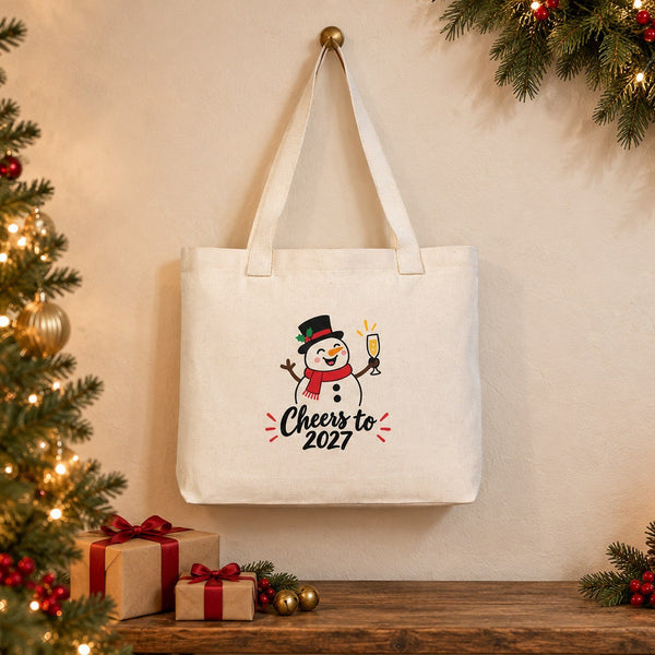 Christmas Canvas Tote Bags Bulk – 18" × 14" × 3" (45 × 35 × 8 cm) with Beige, Red or Black Knitted Handles, 18 Happy New Year 2027 Designs - Pamusan.com