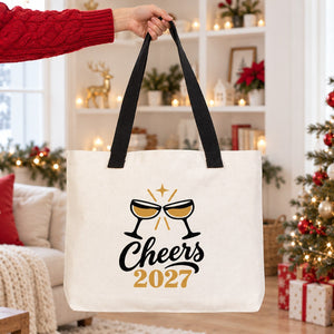 Christmas Canvas Tote Bags Bulk – 18" × 14" × 3" (45 × 35 × 8 cm) with Beige, Red or Black Knitted Handles, 18 Happy New Year 2027 Designs - Pamusan.com