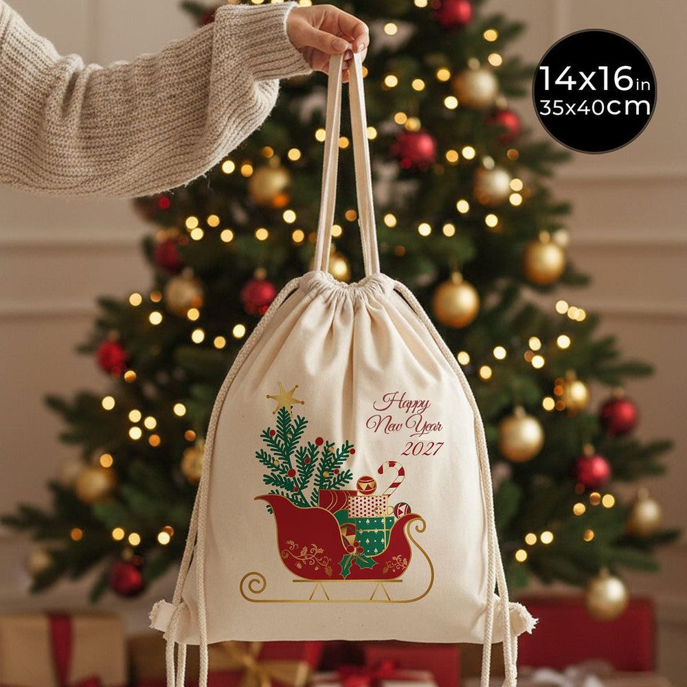 Christmas Drawstring Backpack Bulk – 14" × 16" (35 × 40 cm) Natural Cotton Gift Bag with Rope Straps & Carry Handle, 18 Holiday & New Year 2027 Designs - Pamusan.com