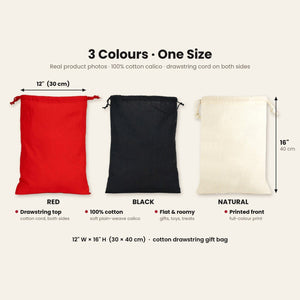 Christmas Drawstring Gift Bags Bulk – 12" × 16" (30 × 40 cm) Cotton Bags in Red, Black or Natural, 18 Holiday & New Year 2027 Designs - Pamusan.com