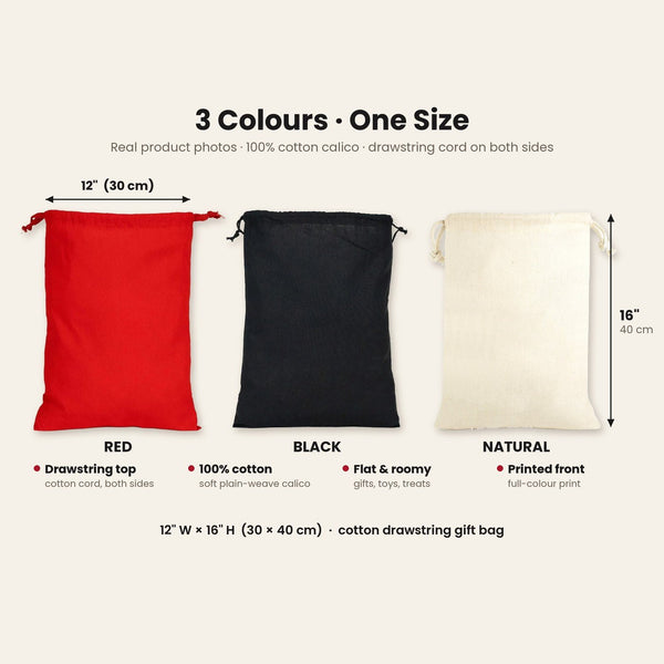 Christmas Drawstring Gift Bags Bulk – 12" × 16" (30 × 40 cm) Cotton Bags in Red, Black or Natural, 18 Holiday & New Year 2027 Designs - Pamusan.com