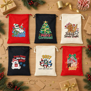 Christmas Drawstring Gift Bags Bulk – 12" × 16" (30 × 40 cm) Cotton Bags in Red, Black or Natural, 18 Holiday & New Year 2027 Designs - Pamusan.com