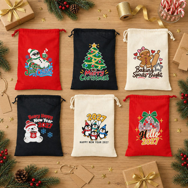 Christmas Drawstring Gift Bags Bulk – 12" × 16" (30 × 40 cm) Cotton Bags in Red, Black or Natural, 18 Holiday & New Year 2027 Designs - Pamusan.com