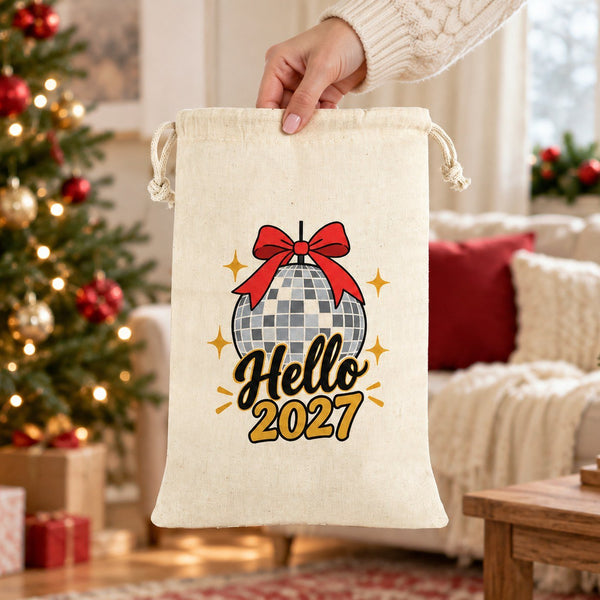 Christmas Drawstring Gift Bags Bulk – 12" × 16" (30 × 40 cm) Cotton Bags in Red, Black or Natural, 18 Holiday & New Year 2027 Designs - Pamusan.com