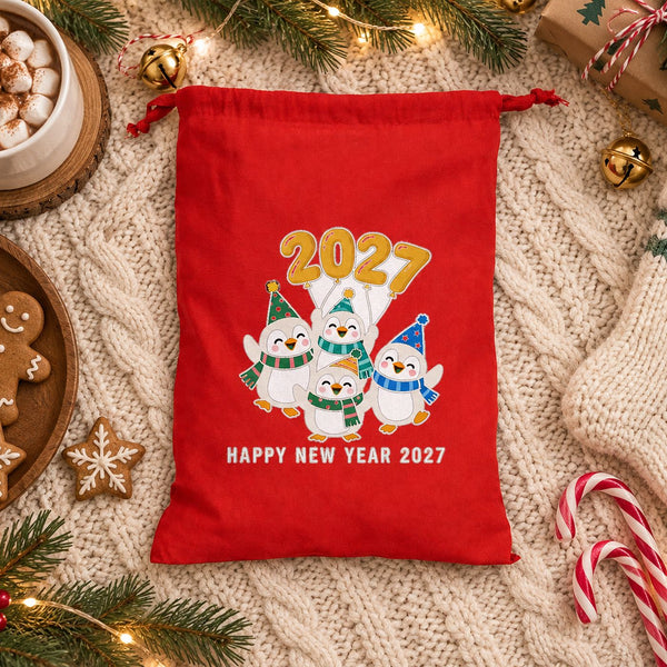 Christmas Drawstring Gift Bags Bulk – 12" × 16" (30 × 40 cm) Cotton Bags in Red, Black or Natural, 18 Holiday & New Year 2027 Designs - Pamusan.com
