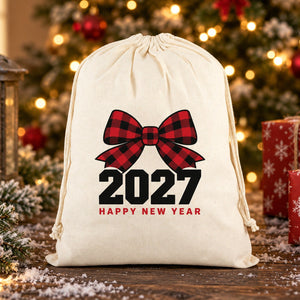 Christmas Drawstring Gift Bags Bulk – 12" × 16" (30 × 40 cm) Cotton Bags in Red, Black or Natural, 18 Holiday & New Year 2027 Designs - Pamusan.com