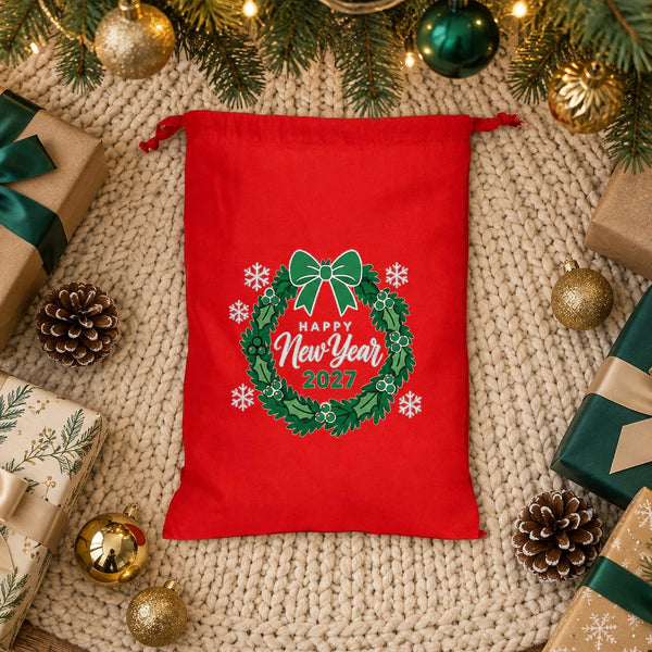 Christmas Drawstring Gift Bags Bulk – 12" × 16" (30 × 40 cm) Cotton Bags in Red, Black or Natural, 18 Holiday & New Year 2027 Designs - Pamusan.com