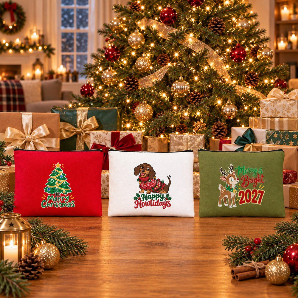 Christmas Makeup Bags Bulk – 9 Holiday & New Year 2027 Designs, Zipper Clutch 8.3" × 6" (21 × 15 cm) – Cotton Gabardine - Pamusan.com