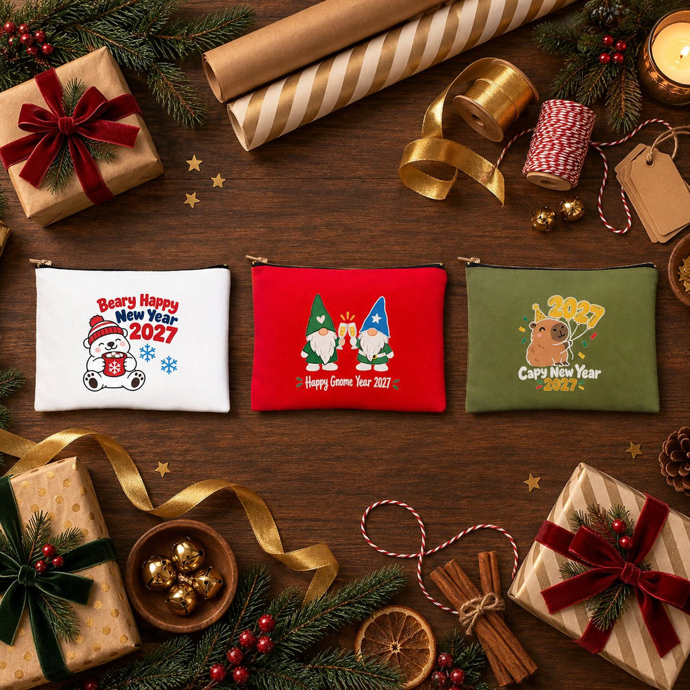 Christmas Makeup Bags Bulk – 9 Holiday & New Year 2027 Designs, Zipper Clutch 8.3" × 6" (21 × 15 cm) – Cotton Gabardine - Pamusan.com