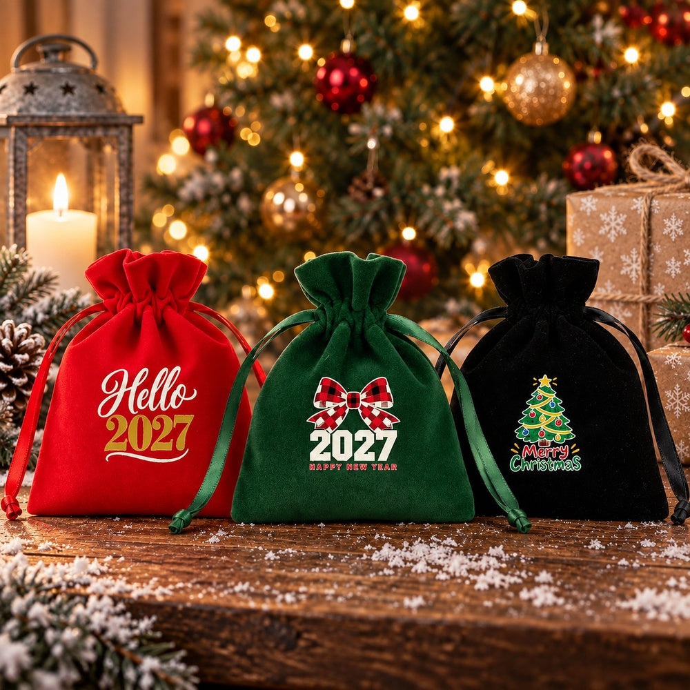 Christmas Party Favors – Velvet Gift Bags 4" × 5" (10 × 13 cm) with Rose Top Drawstring, Red, Green or Black, 18 Holiday & New Year 2027 Designs - Pamusan.com