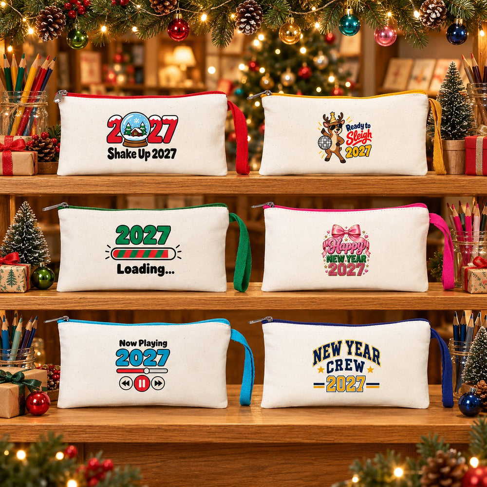 Christmas Pencil Cases Bulk – New Year 2027 Zipper Pencil Pouches in 6 Zipper Colors, 18 Designs, 8.3" × 3.9" (21 × 10 cm) – Cotton Gabardine - Pamusan.com
