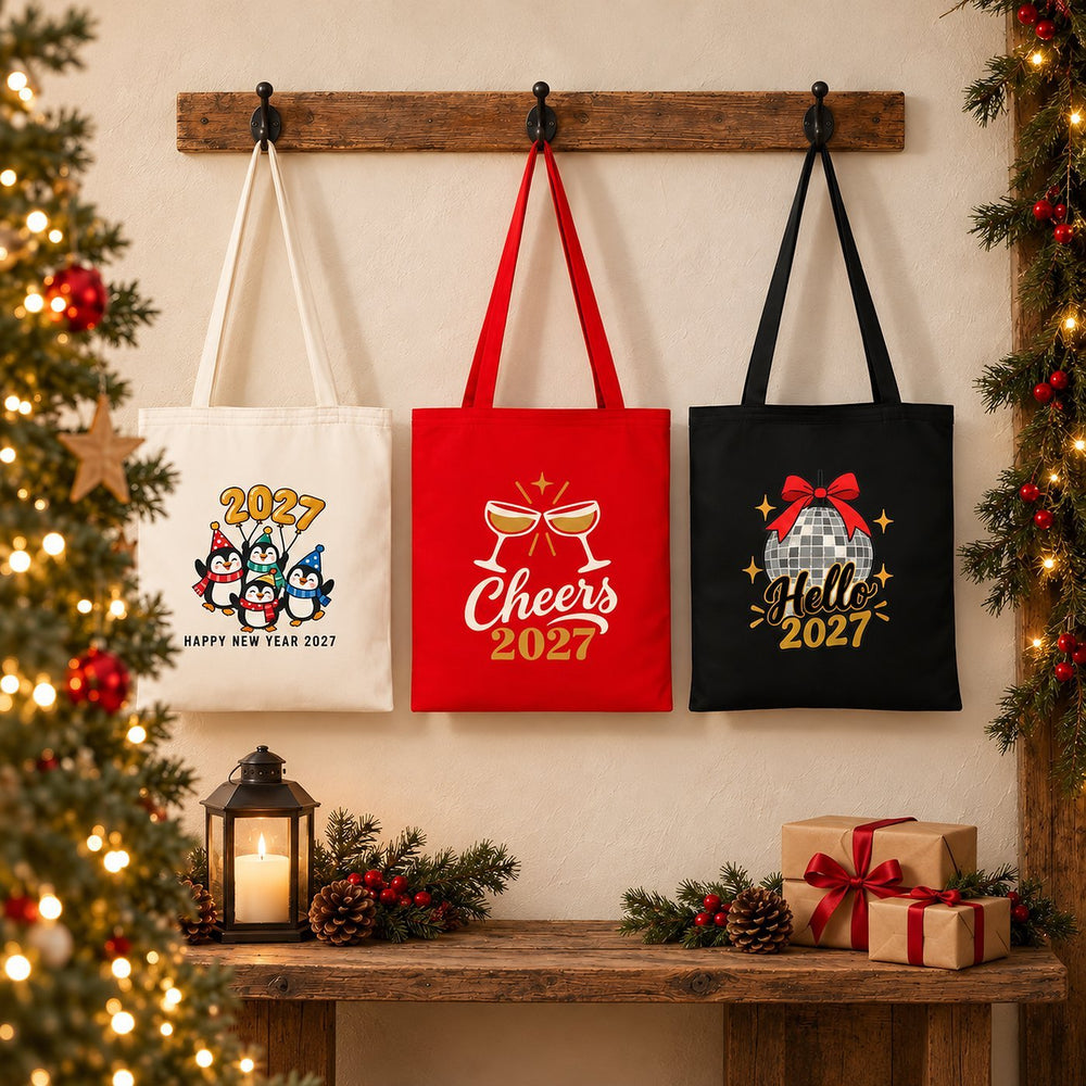 Christmas Tote Bags Bulk – 14" × 16" (35 × 40 cm) Cotton Gabardine Totes in Natural, Red or Black, 18 Happy New Year 2027 Designs - Pamusan.com