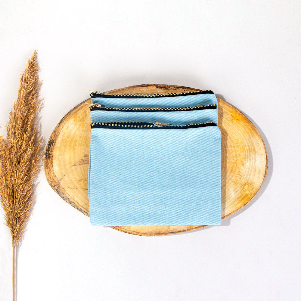 Cotton Clutch Bag Light Blue – 8"x6" Reusable Cosmetic Pouch