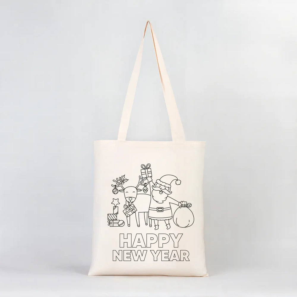 Color Your Own Happy New Year Tote – Santa & Gifts Cotton Bag - Pamusan.com